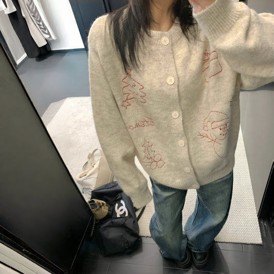 【アウター】レトロ 刺繍 厚手 ラウンドネック カーディガン ニットセーター【FCシリーズ】