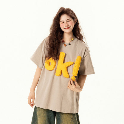 【トップス】アメリカンレトロ 趣味 立体ロゴ 半袖Tシャツ レディース ゆったり デザイン感 カジュアル【FCシリーズ】【15〜20日発送】