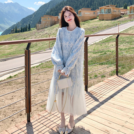 春カラー 大人気おすすめ色✨【ワンピース】フレンチ風 ライトブルー 刺繍チュール切替 レディース ゆったり シルエット 長袖ワンピース【SHシリーズ】
