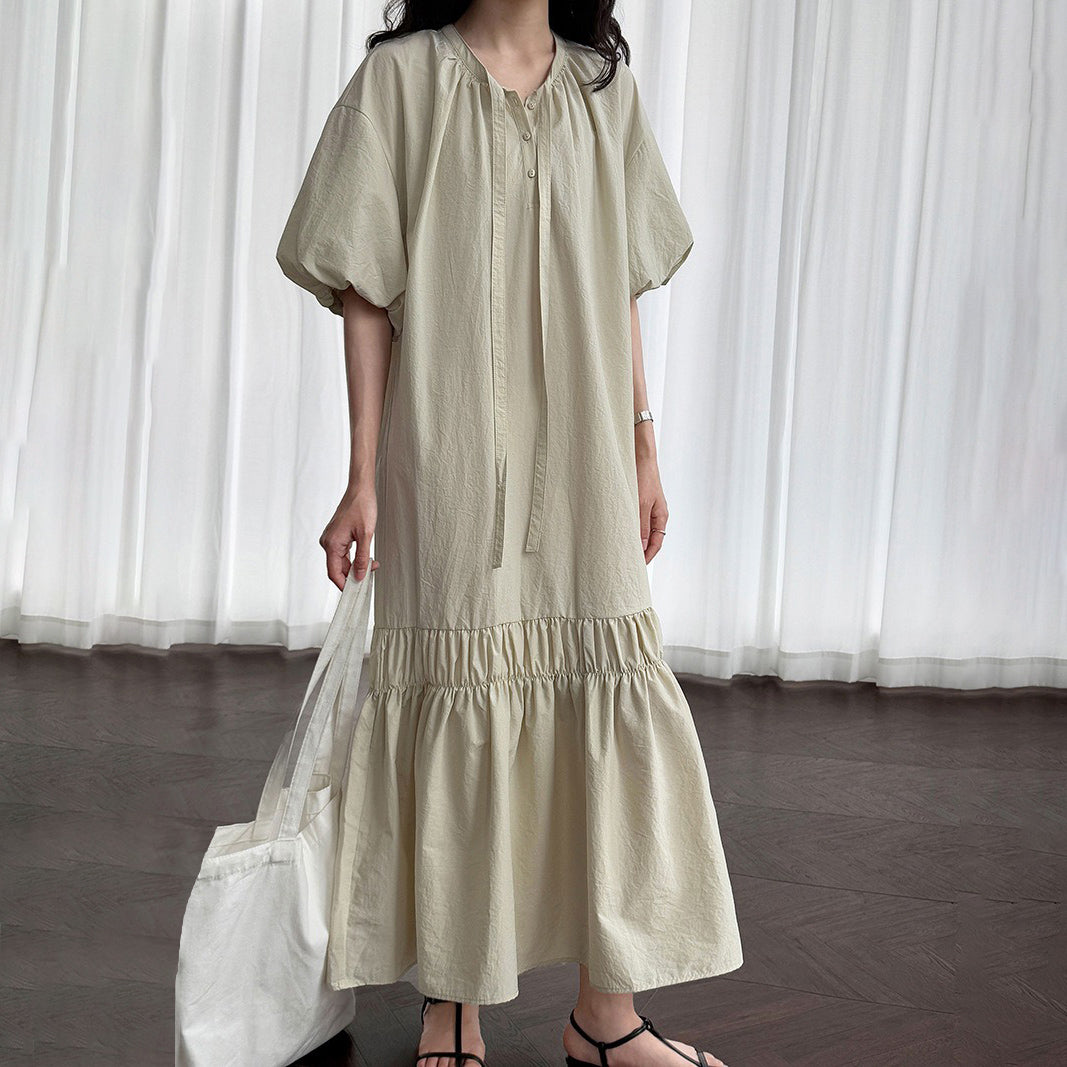 【ワンピース】韓国風 リボン付き パフスリーブ バルーンシルエット ロングワンピース 夏 着痩せ効果 半袖ドレス【JZシリーズ】