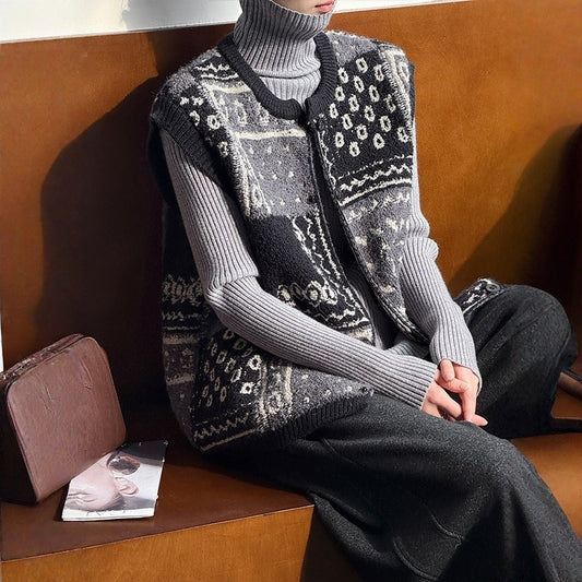 【トップス】レイヤード 上品  ジャカード ニット ベスト【JZシリーズ】