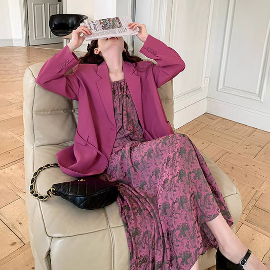 2点セット！【セットアップ】ピンク系 ジャケット重ね着風 ノースリーブワンピース セット 春秋 レディース  コーディネート楽々 大人可愛い【SHシリーズ】