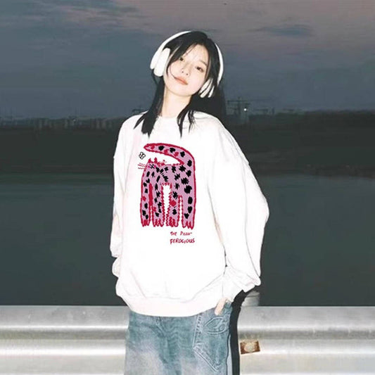 S~2XL【トップス】クルーネック ネコ スウェット レディース 韓国風 ゆったり 学生風 豹柄 猫 秋冬パーカー【FCシリーズ】