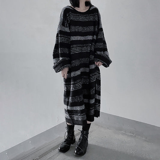 【ワンピース】ルーズシルエット レディース 長袖 ボーダーニットワンピース 厚手 ロング丈【AHシリーズ】