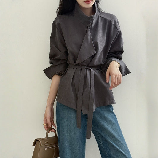 【トップス】春 秋 冬 ハイネック ウエストベルベット調 リボン シャツ 【JZシリーズ】