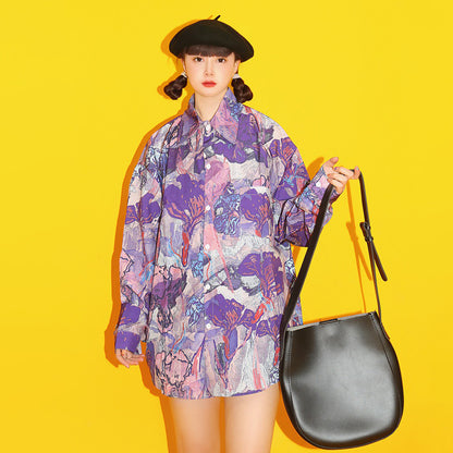 【トップス】フラワープリント ヴィンテージシャツ 港風 古着風 長袖 花柄 トップス デザイン感【SHシリーズ】