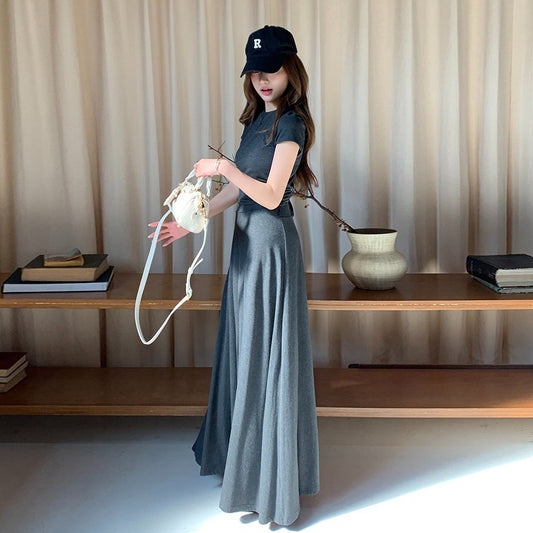 2点セット！【セットアップ】夏新作 上下セット 無地 半袖トップス × ロングスカート ゆったり リラックス カジュアル コーデ レディース【JZシリーズ】