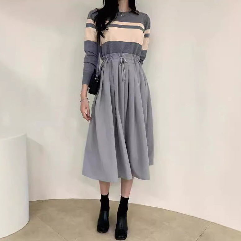 【24AW】【ワンピース】おしゃれ 切り替え 配色 ロック長袖ワンピース