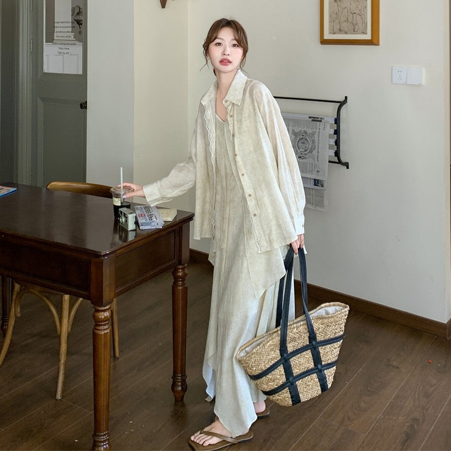 2点セット！【セットアップ】フレンチ エレガント レースシャツ＋キャミワンピースセット レディース 春夏秋 甘めスタイル ユニークで美しい 2点セット【JZシリーズ】