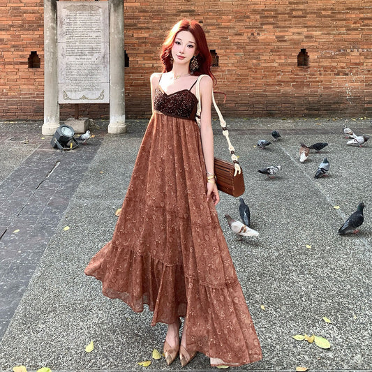 【ワンピース】南国リゾート風 レトロ花柄キャミワンピース ふんわりAライン ハイウエスト ノースリーブ ロング丈 旅行 海辺フォト映えドレス【SHシリーズ】