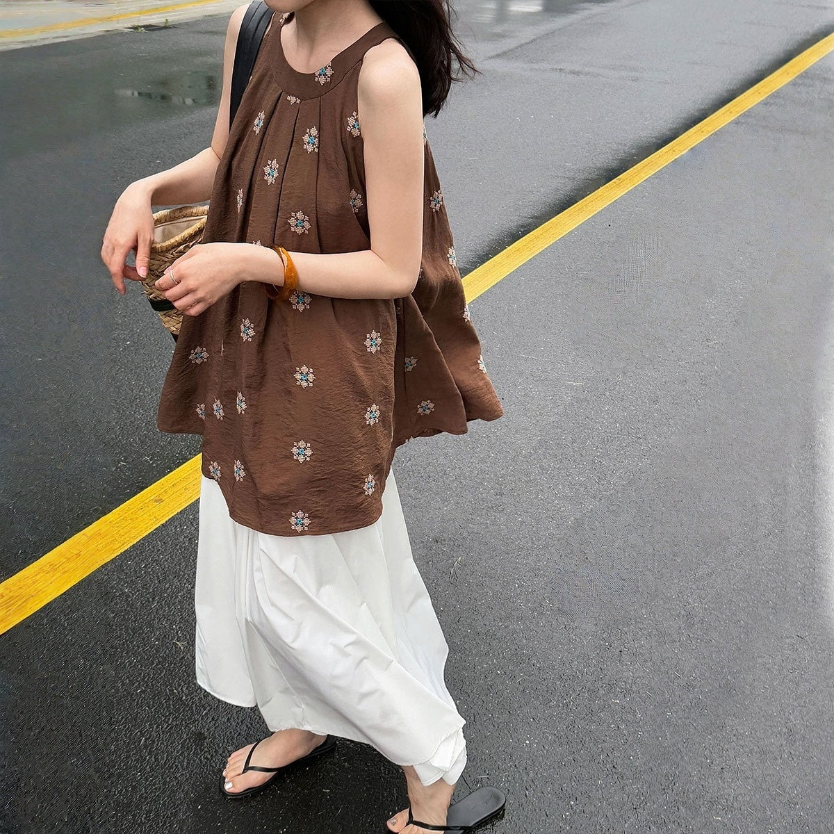 【トップス】夏 刺繍 ノースリーブ カジュアル タンクトップ 【SHシリーズ】