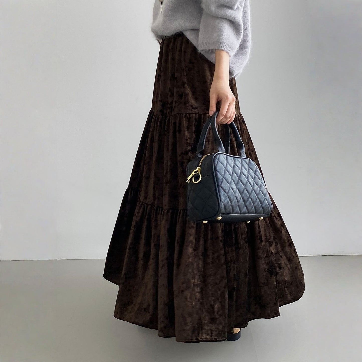 【ボトムス】春 秋 冬 ウエストゴム入り ベルベット素材 フレア スカート  【JZシリーズ】