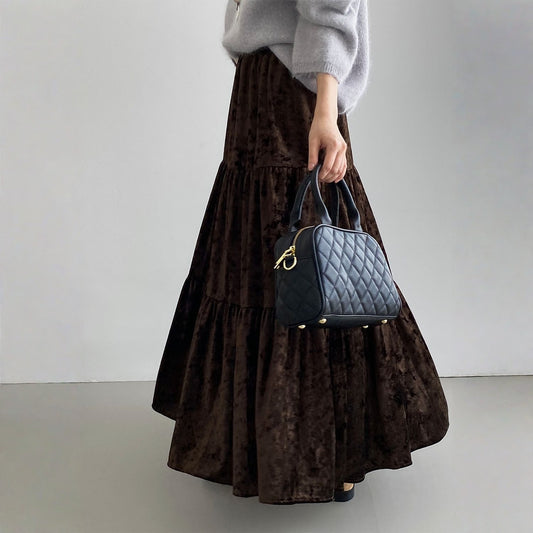 【ボトムス】春 秋 冬 ウエストゴム入り ベルベット素材 フレア スカート  【JZシリーズ】