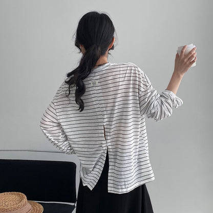 【トップス】ボーダー カットソー 背中開き 体型カバー 痩せ見え 2026夏 韓国風 柔らかい 快適 Ｔシャツ【JZシリーズ】