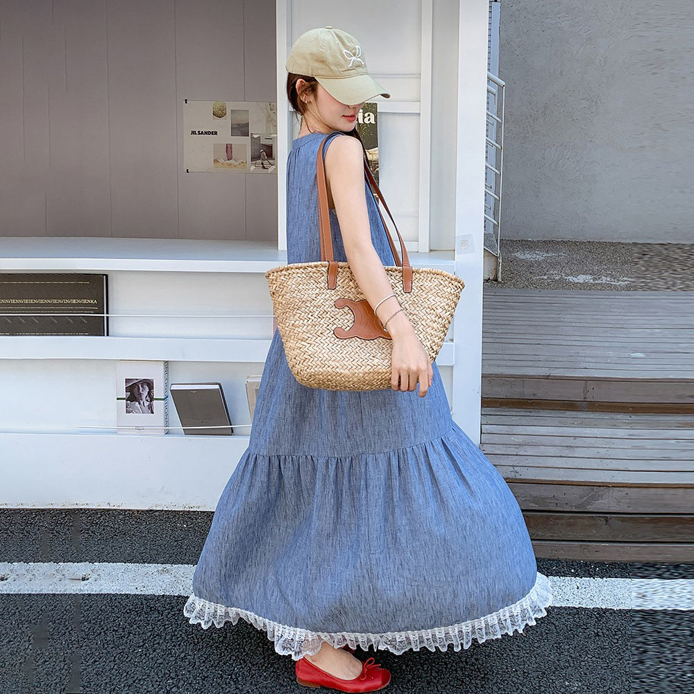 【ワンピース】ユニーク 優しげ 可愛い レース 切り替え ノースリーブ キャミソール ワンピース レディース 夏 フレンチ 気質 若見え マキシ丈【JZシリーズ】