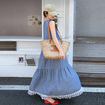 【ワンピース】ユニーク 優しげ 可愛い レース 切り替え ノースリーブ キャミソール ワンピース レディース 夏 フレンチ 気質 若見え マキシ丈【JZシリーズ】