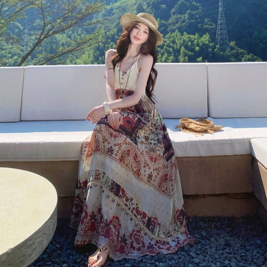 【ワンピース】エスニックボヘミアン風 花柄キャミワンピース Vネック ロング丈 海辺&旅行コーデ バカンスドレス【SHシリーズ】