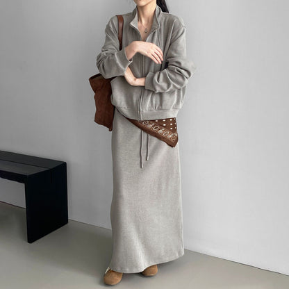 2点セット！【セットアップ】ゆるシルエット セットアップ レディース スタンドカラー トップス+スカート 上下セット【JZシリーズ】