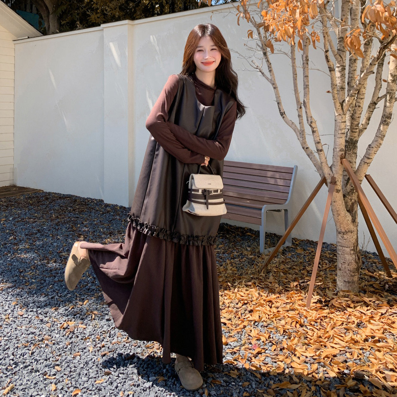 2点セット！【セットアップ】メラード風 PUレザー切り替え ワンピース＋インナートップスセット 春秋コーデ【JZシリーズ】