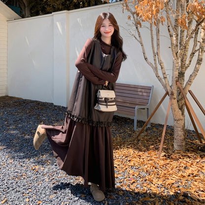 2点セット！【セットアップ】メラード風 PUレザー切り替え ワンピース＋インナートップスセット 春秋コーデ【JZシリーズ】