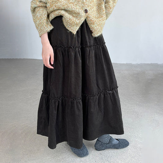 【ボトムス】韓国風 フリルプリーツスカート レディース ウエストゴム Aライン ロング【JZシリーズ】