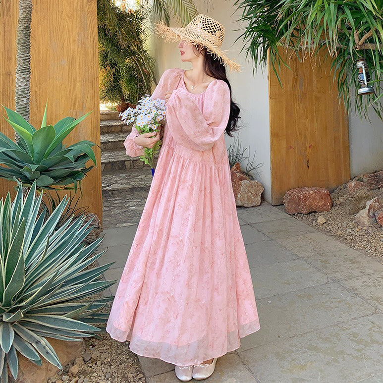 【ワンピース】フェミニン 長袖 花柄ワンピース レディース 春夏秋 シフォン バックオープン ロング丈【SHシリーズ】