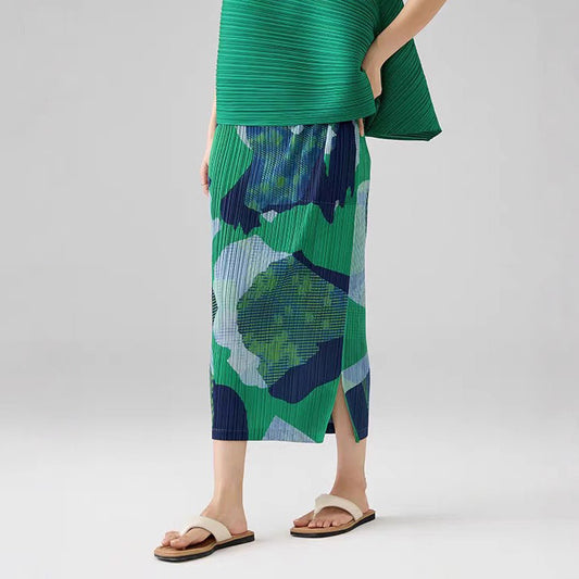 【ボトムス】気質高ウエスト ゴムウエスト プリーツグリーンプリントスカート【SHシリーズ】