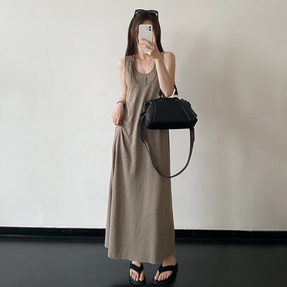 【ワンピース】夏新作 レイヤードデザイン ノースリーブ ワンピース 大きめクルーネック リゾート 旅行 ロングドレス【FCシリーズ】