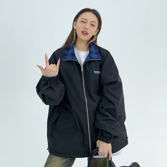 2way【アウター】アメリカン 小洒落 カップルジャケット レディース ゆったり レトロ リバーシブル ロゴ＆チェック柄 【FCシリーズ】