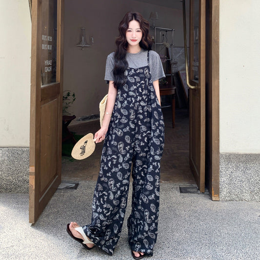 2点セット！【セットアップ】レトロプリントサロペット レディース 夏 半袖Tシャツ 上下セット ゆったり カジュアル【SHシリーズ】