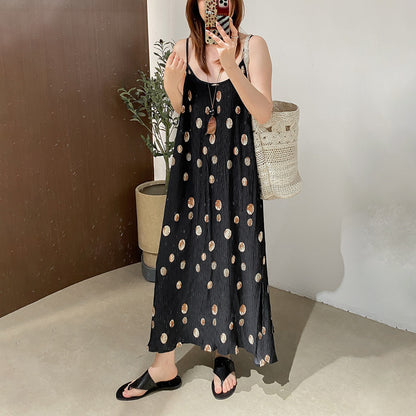 【ワンピース】調節可能キャミソール プリーツ ドット柄 ゆったり ノースリーブ キャミワンピース ロング丈 夏新作【JZシリーズ】