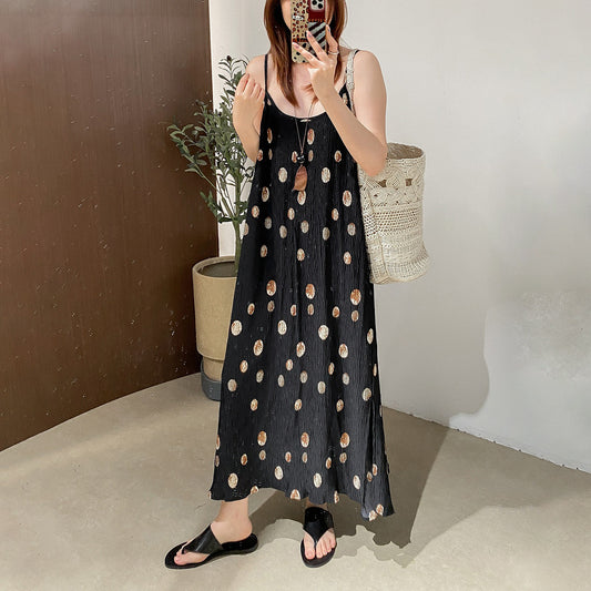 【ワンピース】調節可能キャミソール プリーツ ドット柄 ゆったり ノースリーブ キャミワンピース ロング丈 夏新作【JZシリーズ】