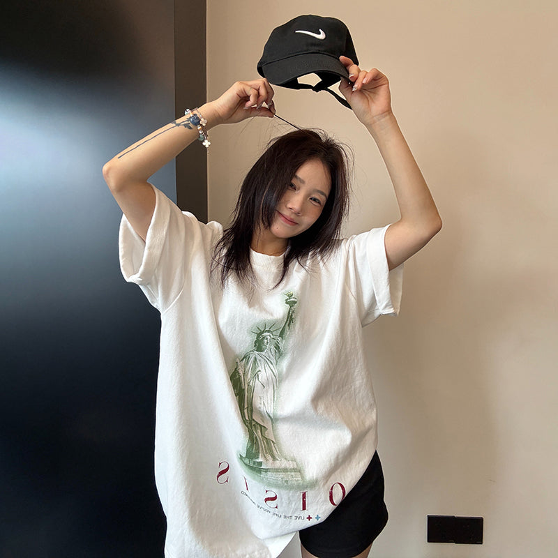 【トップス】アメリカンヴィンテージ風 プリント 半袖Tシャツ レディース 綿100％ オーバーサイズ カジュアル【FCシリーズ】