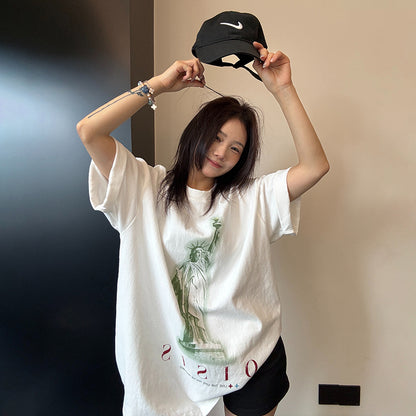 【トップス】アメリカンヴィンテージ風 プリント 半袖Tシャツ レディース 綿100％ オーバーサイズ カジュアル【FCシリーズ】