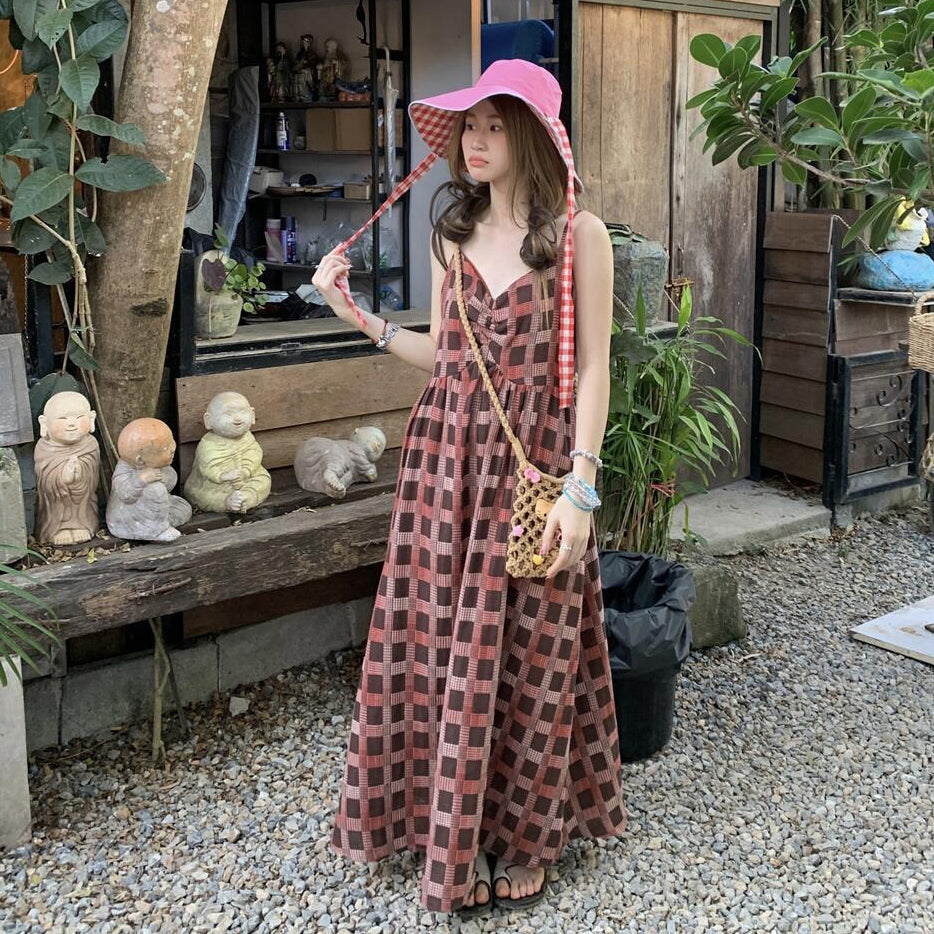 【ワンピース】気質 細見え ゆったり シルエットレトロ チェック柄 ノースリーブワンピース【SHシリーズ】