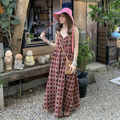 【ワンピース】気質 細見え ゆったり シルエットレトロ チェック柄 ノースリーブワンピース【SHシリーズ】