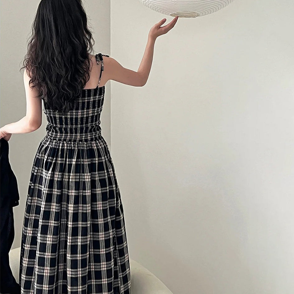 【ワンピース】夏 高級感 レトロ チェック柄 ストラップドレス【SNシリーズ】