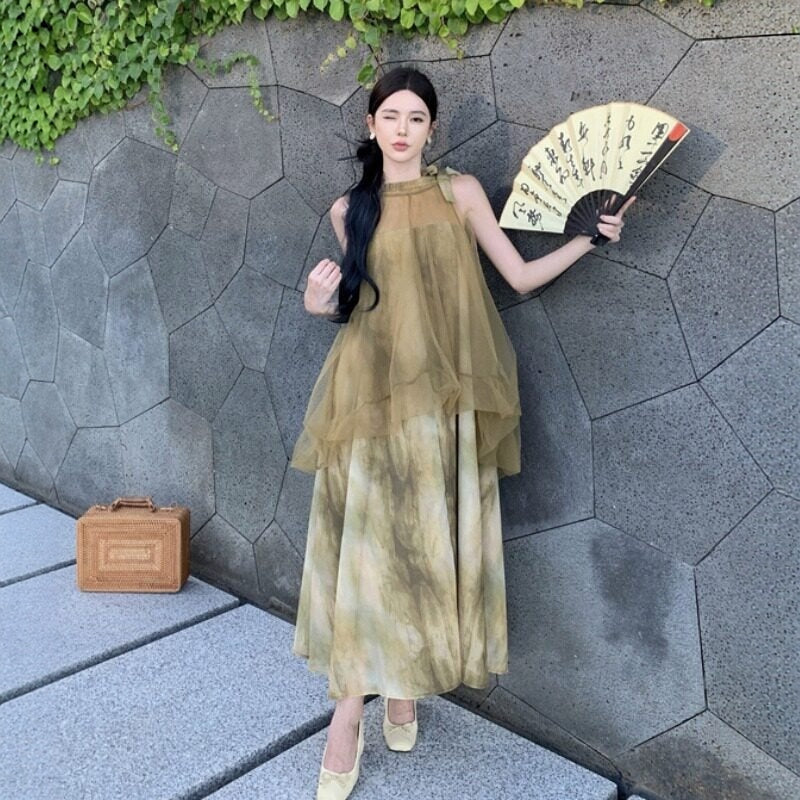 【ワンピース】 新中華風 チュール レイヤード風 タイダイ ノースリーブワンピース 【SHシリーズ】
