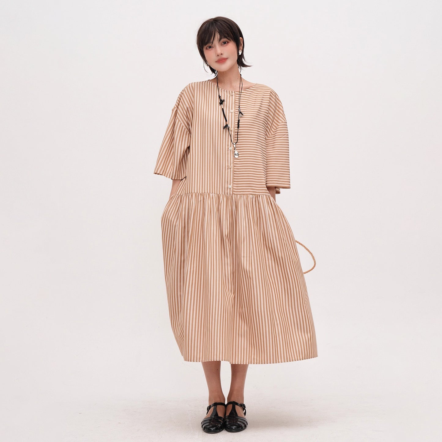 【ワンピース】夏新作 ストライプ切り替え ラウンドネックワンピース 七分袖 ゆったり着痩せロングドレス【JZシリーズ】【SHシリーズ】