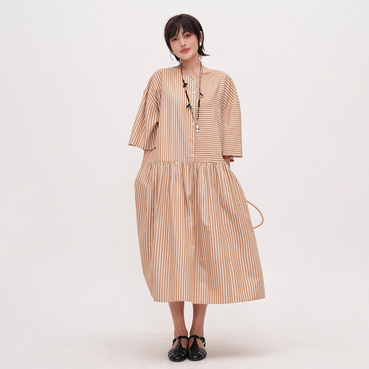 【ワンピース】夏新作 ストライプ切り替え ラウンドネックワンピース 七分袖 ゆったり着痩せロングドレス【JZシリーズ】【SHシリーズ】