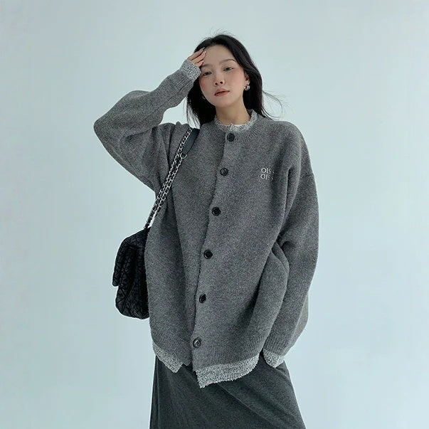 【アウター】春 秋 冬  厚手 フェイクレイヤード ボタン付き ニット ジャケット 【FCシリーズ】