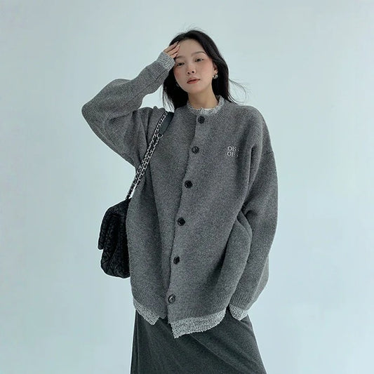 【アウター】春 秋 冬  厚手 フェイクレイヤード ボタン付き ニット ジャケット 【FCシリーズ】