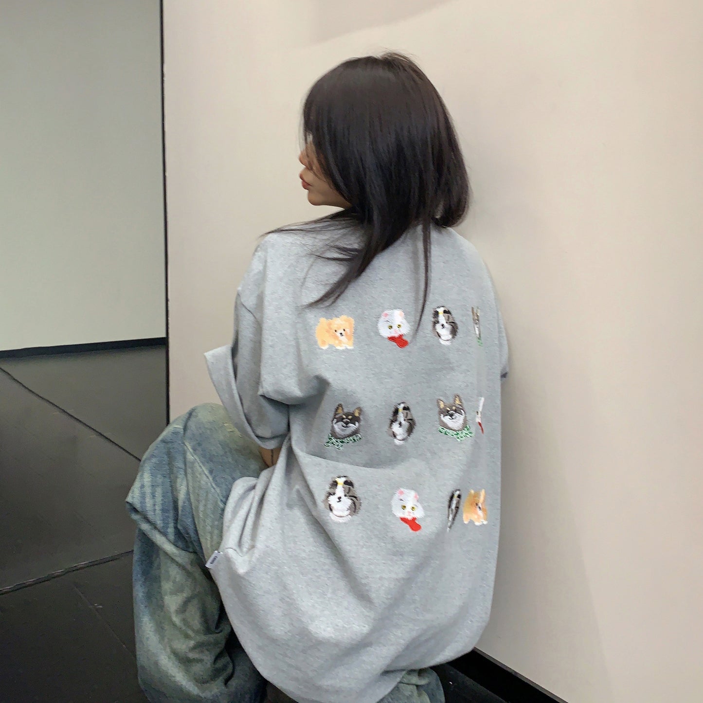 【トップス】レトロカジュアル ドッグ刺繍Tシャツ コットン半袖 オーバーサイズ ゆるっとシルエット リラックス感【FCシリーズ】