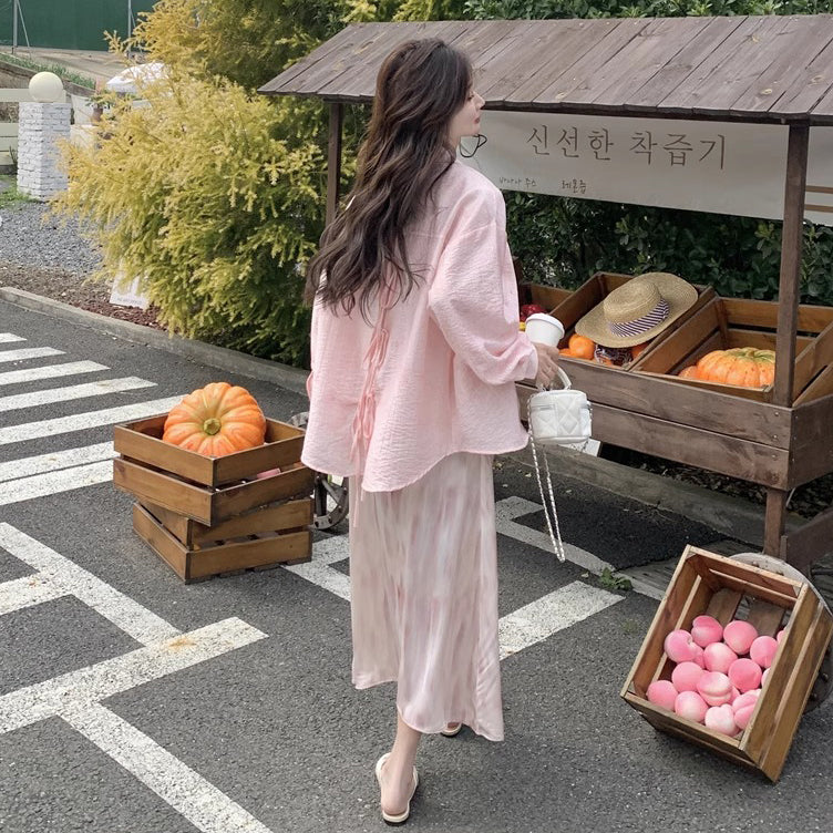 2点セット！【セットアップ】リゾート風 ピンクシャツ＋ノースリーブワンピース セットアップ レディース  優しげ雰囲気 おしゃれ映え【SHシリーズ】