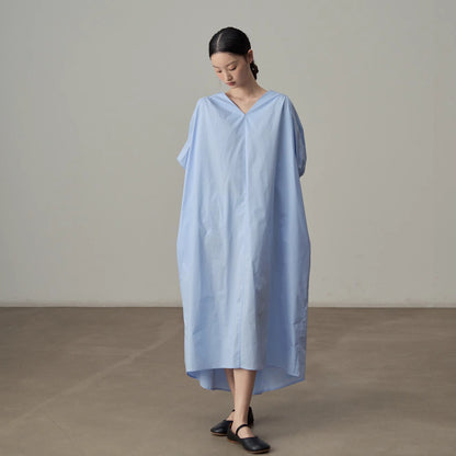 【ワンピース】夏新作 フランス風 Vネック パフ袖 無地ロングドレス 後ろ開き ゆったりシルエット 半袖ワンピース【JZシリーズ】