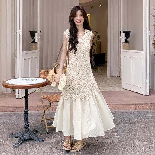 2点セット【セットアップ】優しい雰囲気 クロシェ透かし編み ノースリーブ キャミワンピース レディース 夏 海辺リゾート 2点セット【JZシリーズ】