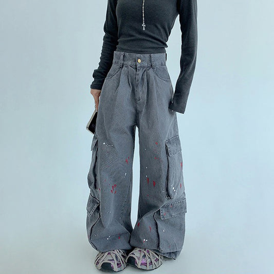 【ボトムス】アメリカンヴィンテージ風 ウォッシュ加工 ペイント風 ワイドストレートカーゴパンツ【FCシリーズ】