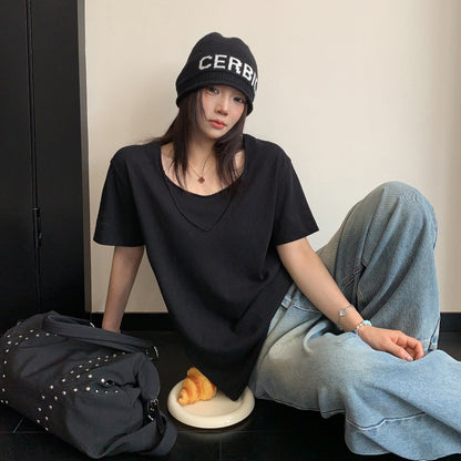 【トップス】ダブルVネック 半袖Tシャツ レディース ミニマル 上品見え ショート丈 きれいめ リラックス感【FCシリーズ】