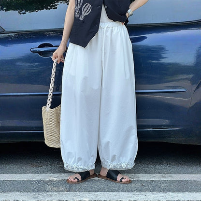 【ボトムス】ウエストゴム レースフリル クロップド丈 バルーンパンツ  【JZシリーズ】