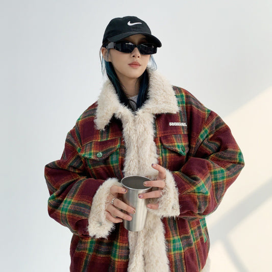 【アウター】秋冬 レトロ ゆったり 厚い保温 切り替えし チェック柄 ジャケット【FCシリーズ】